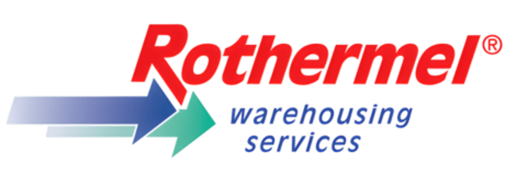 Rothemel Warehousing Services Logo mit roten Buchstaben und zwei sich kreuzenden Pfeilen in Blau und Türkis.